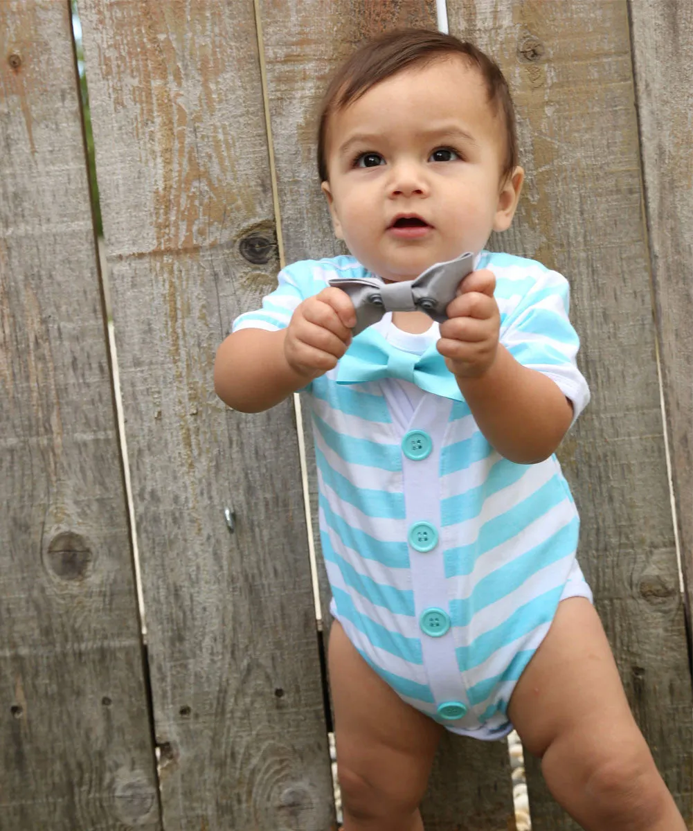 Baby Boy Cardigan Outfit with Bow Tie Aqua Blue and Grey Set