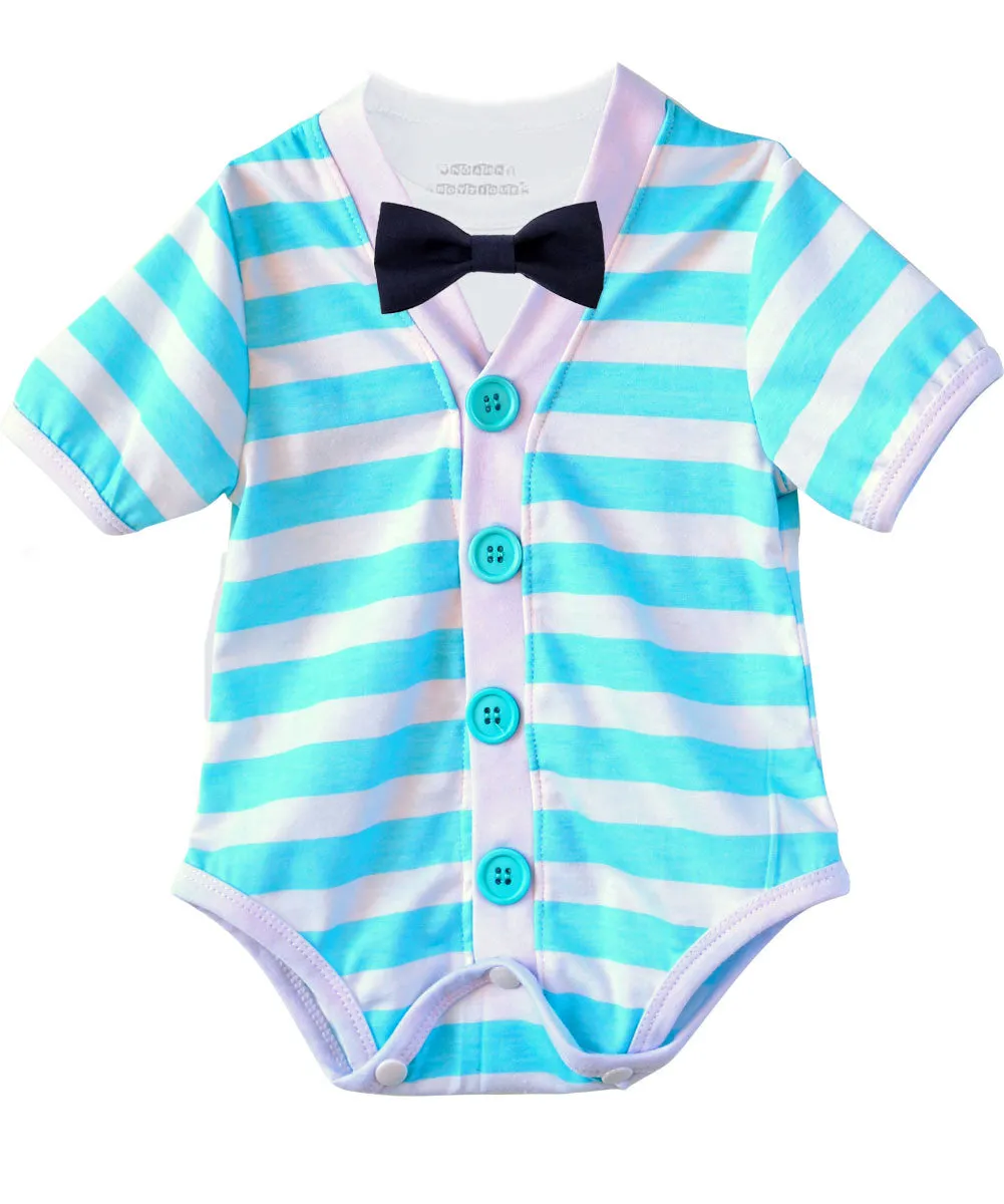 Baby Boy Cardigan Outfit with Bow Tie Aqua Blue and Grey Set