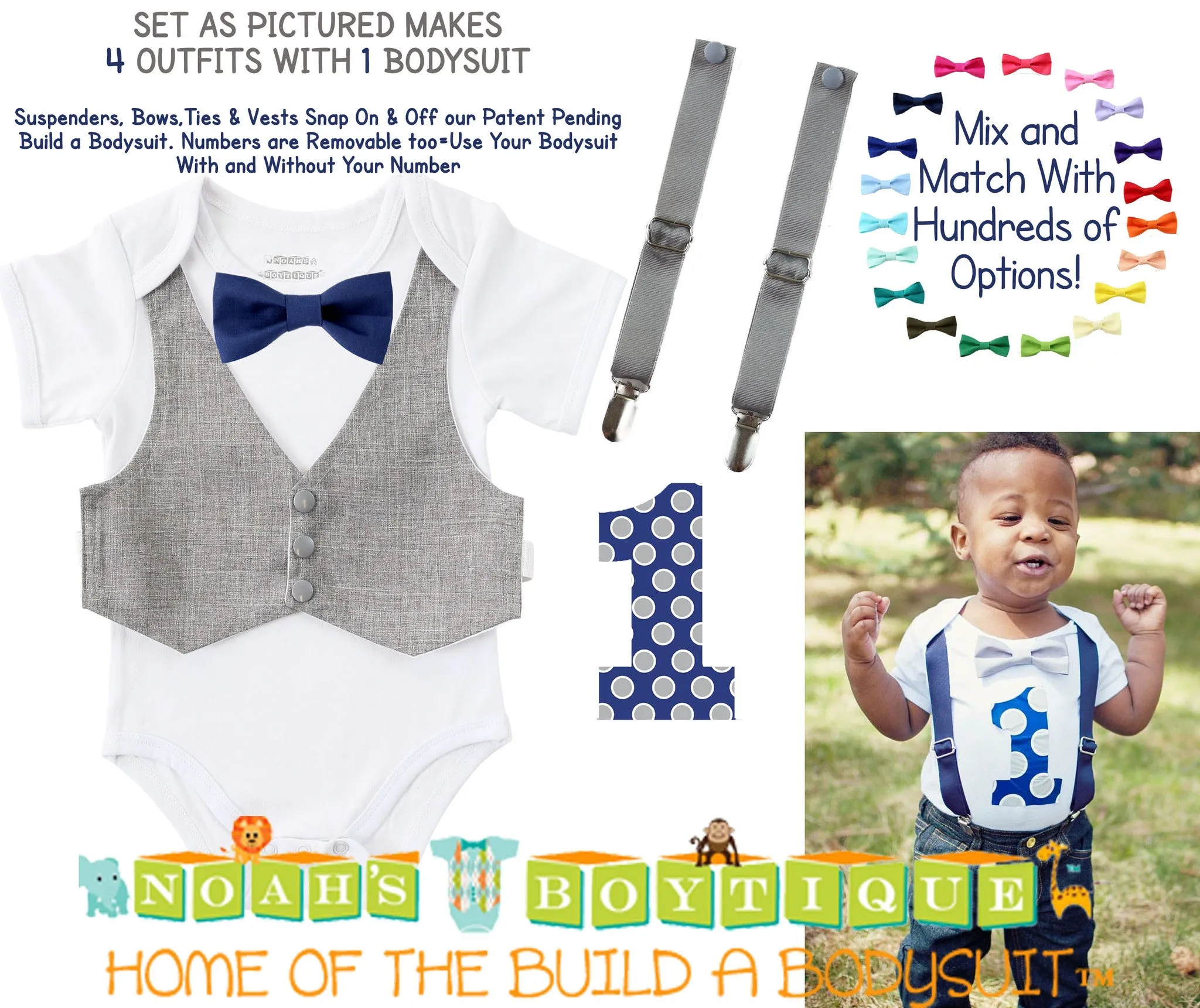 Baby Boy Clothes Light Grey Vest Suspender Navy Bow Tie Set First Birthday