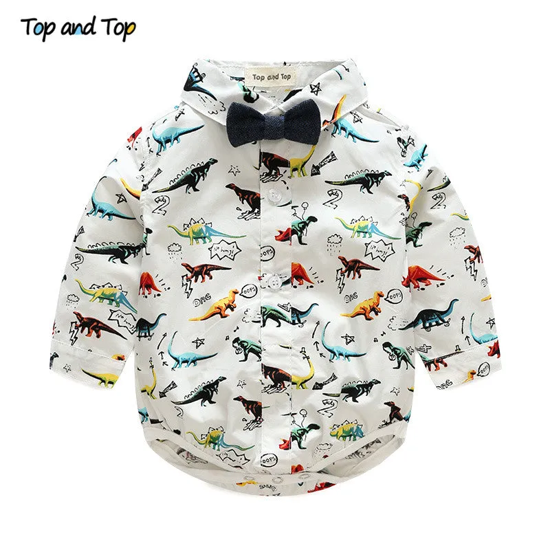 Baby Boy Dinosaur Collard Shirt with Bow Tie Pants with Suspenders