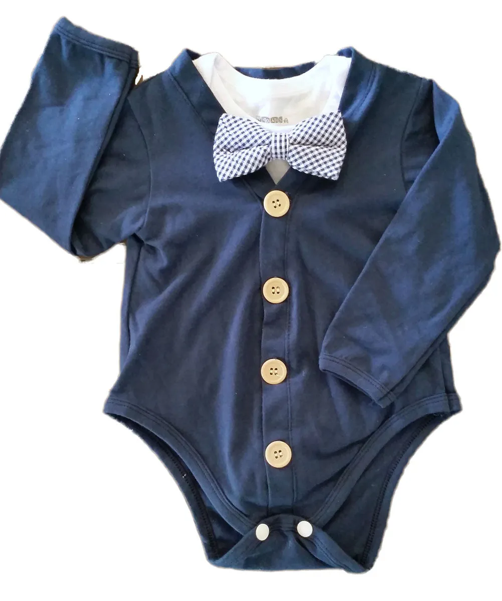 Baby Boy Easter Shirt Navy Cardigan with Blue and White Bow Tie