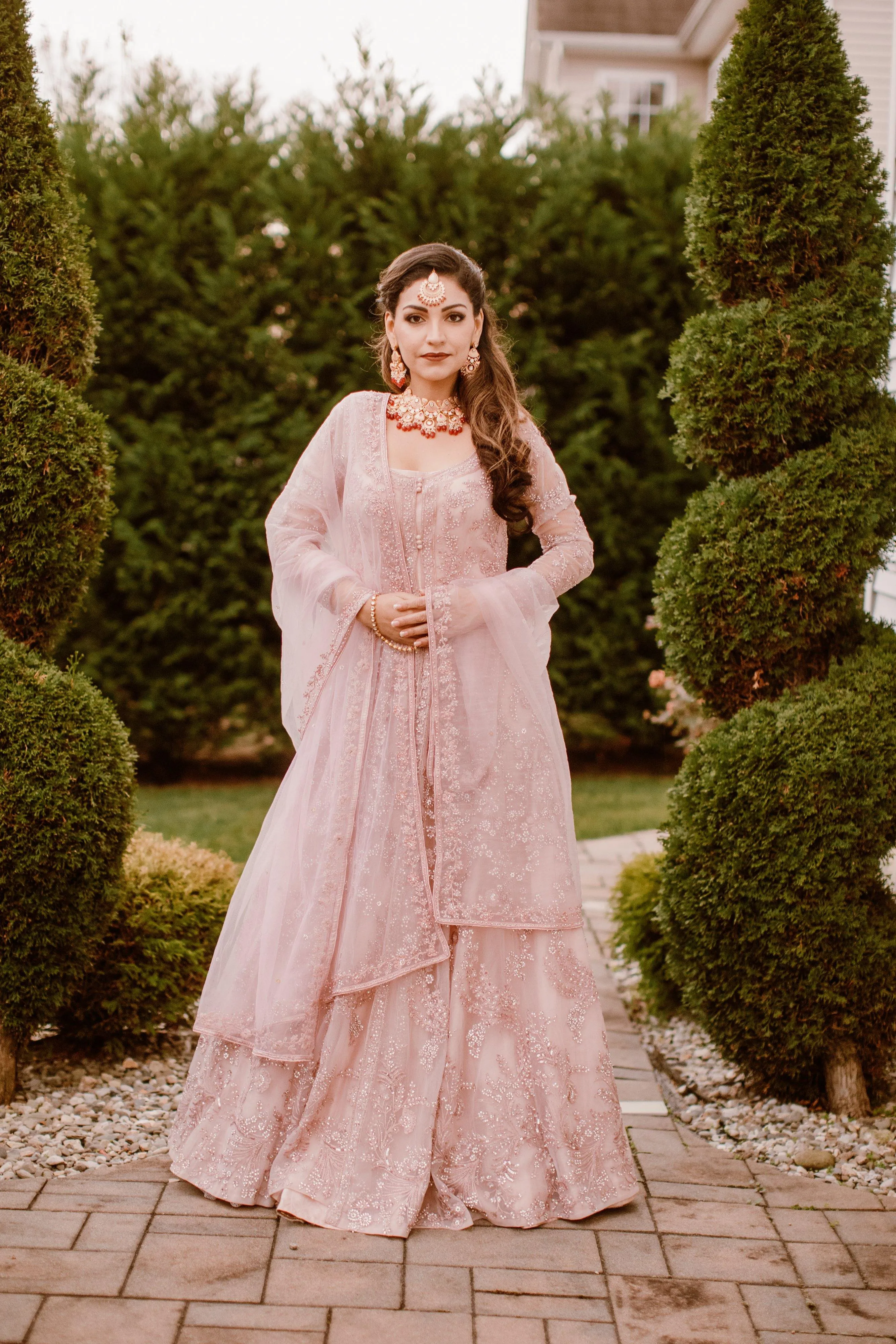 Baby Pink Heavy Net and Silk Bridal Anarkali Gowns - Rent