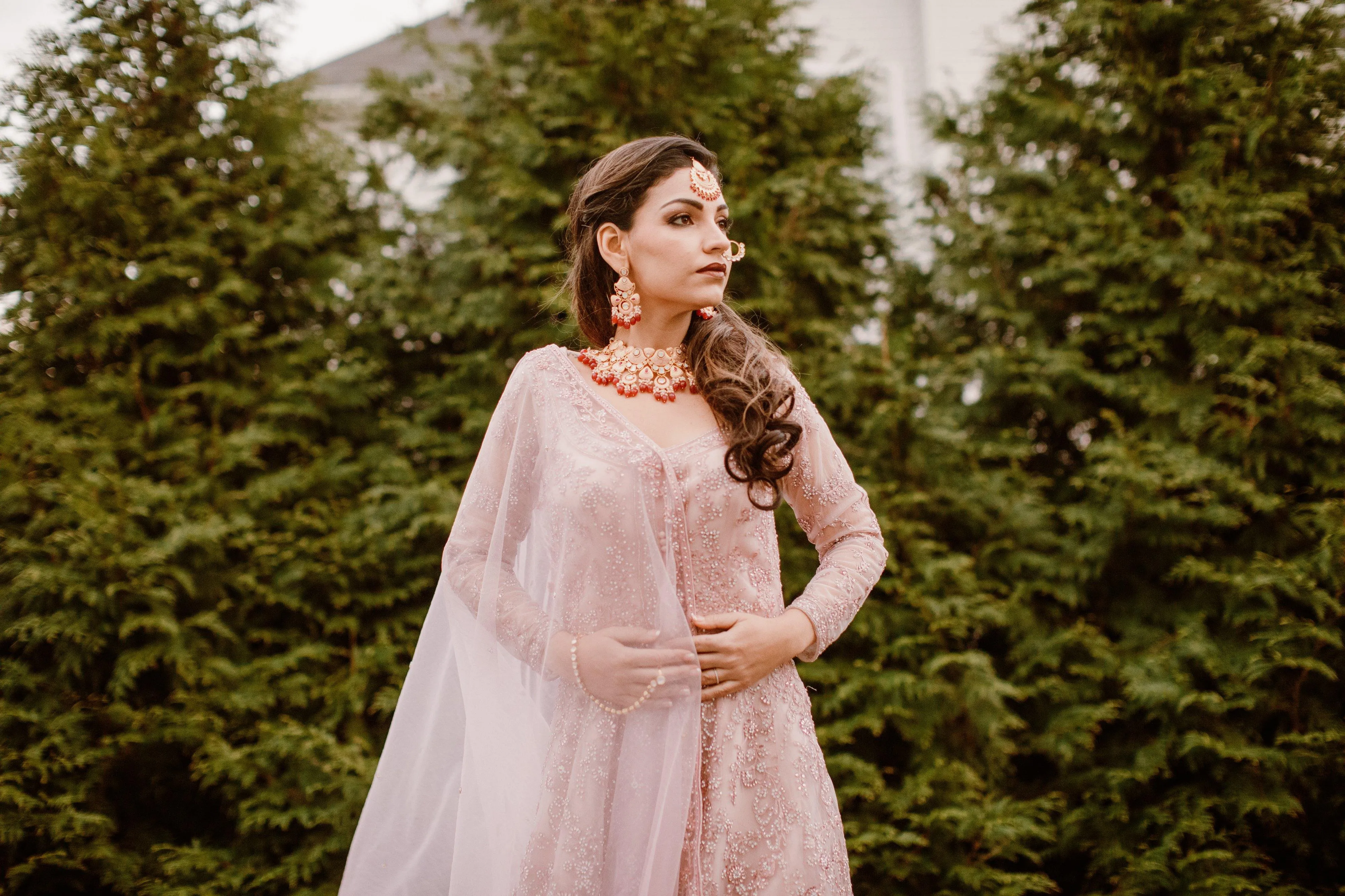 Baby Pink Heavy Net and Silk Bridal Anarkali Gowns - Rent