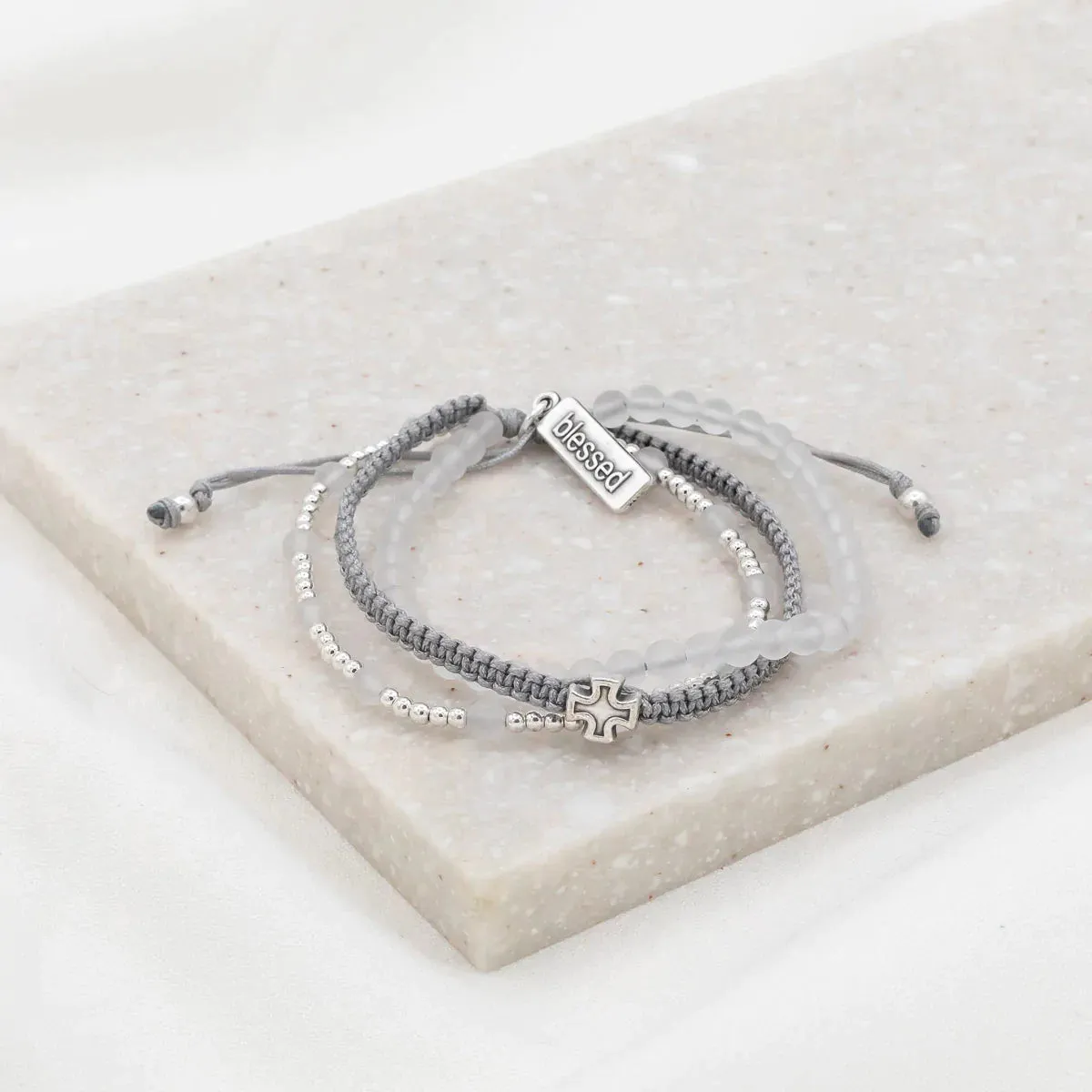 Be Still Prayer Bracelet - Silver/Slate/Frosted Quartz