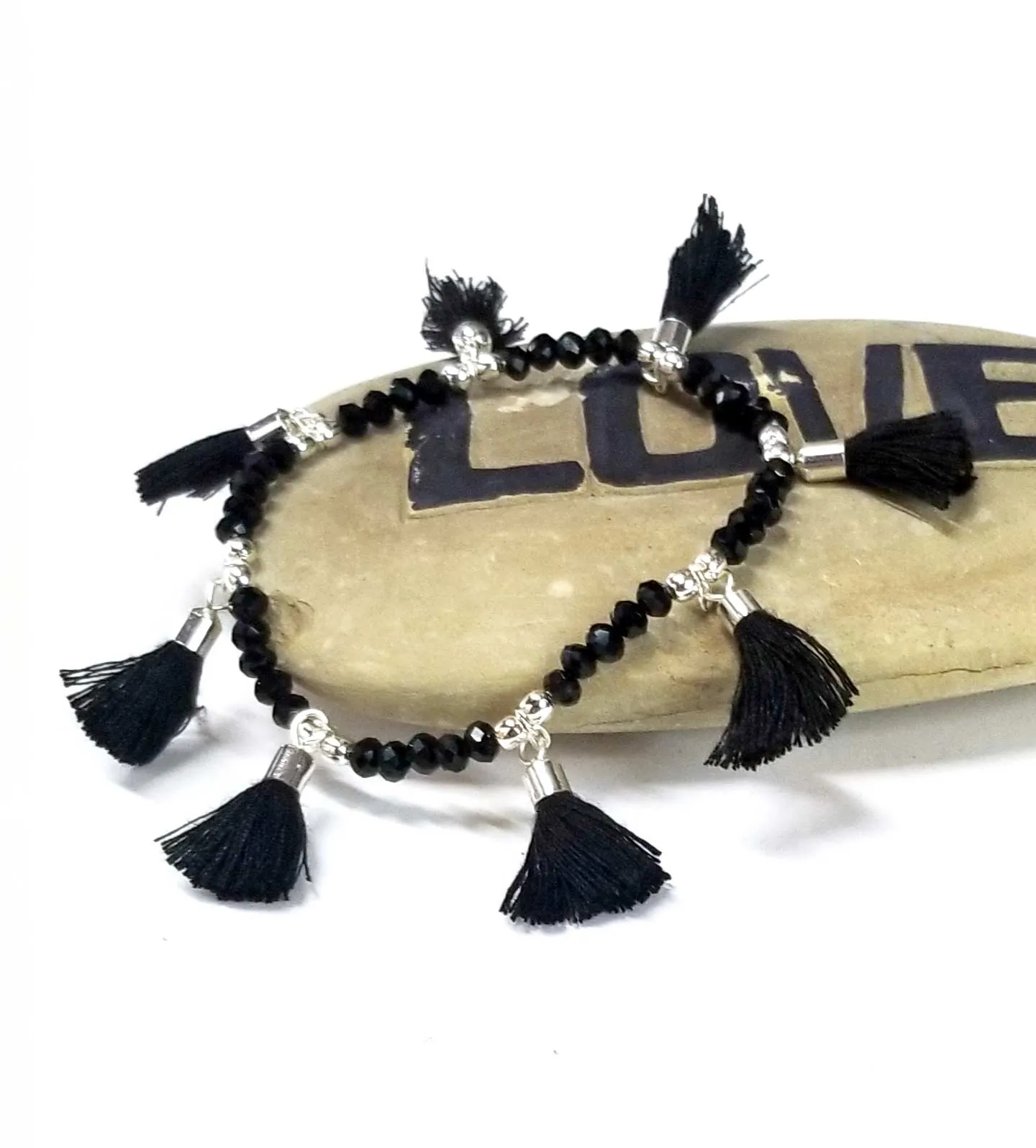 Beaded Black Bracelet Multi Tassels Silver Tone Beads