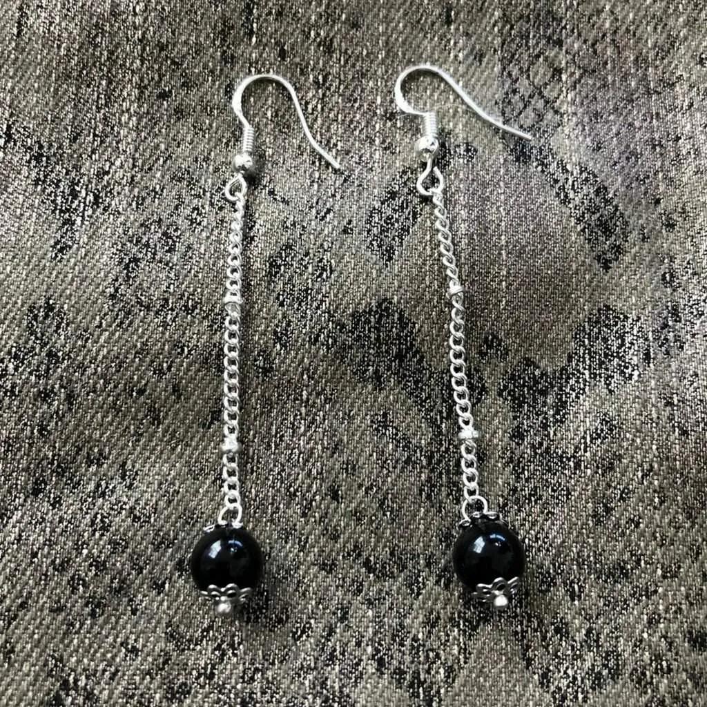 Black Onyx Long Dangle Earrings