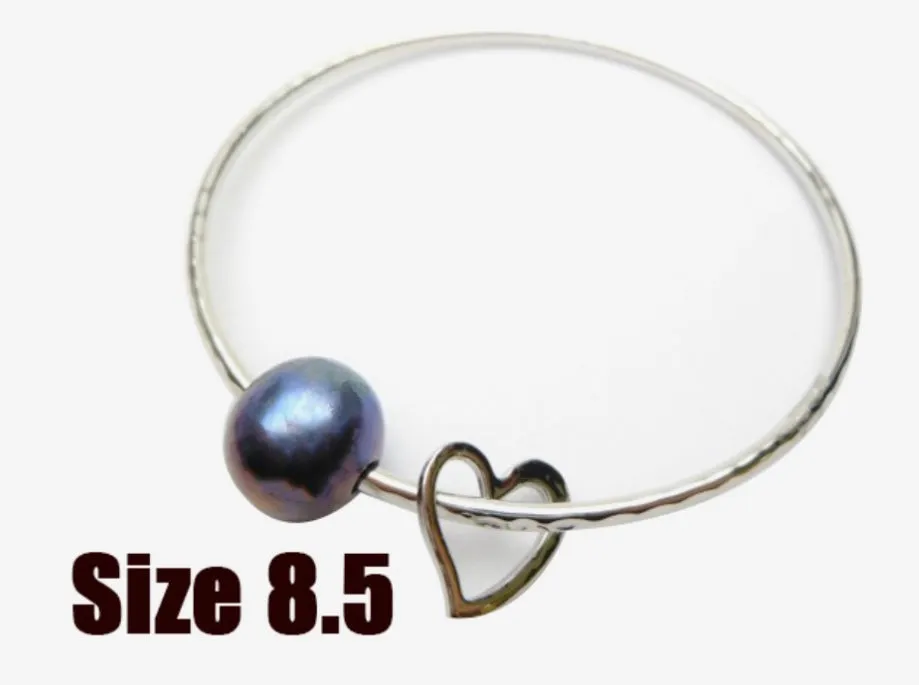 Black Pearl Silver Tone Love Charm Bangle