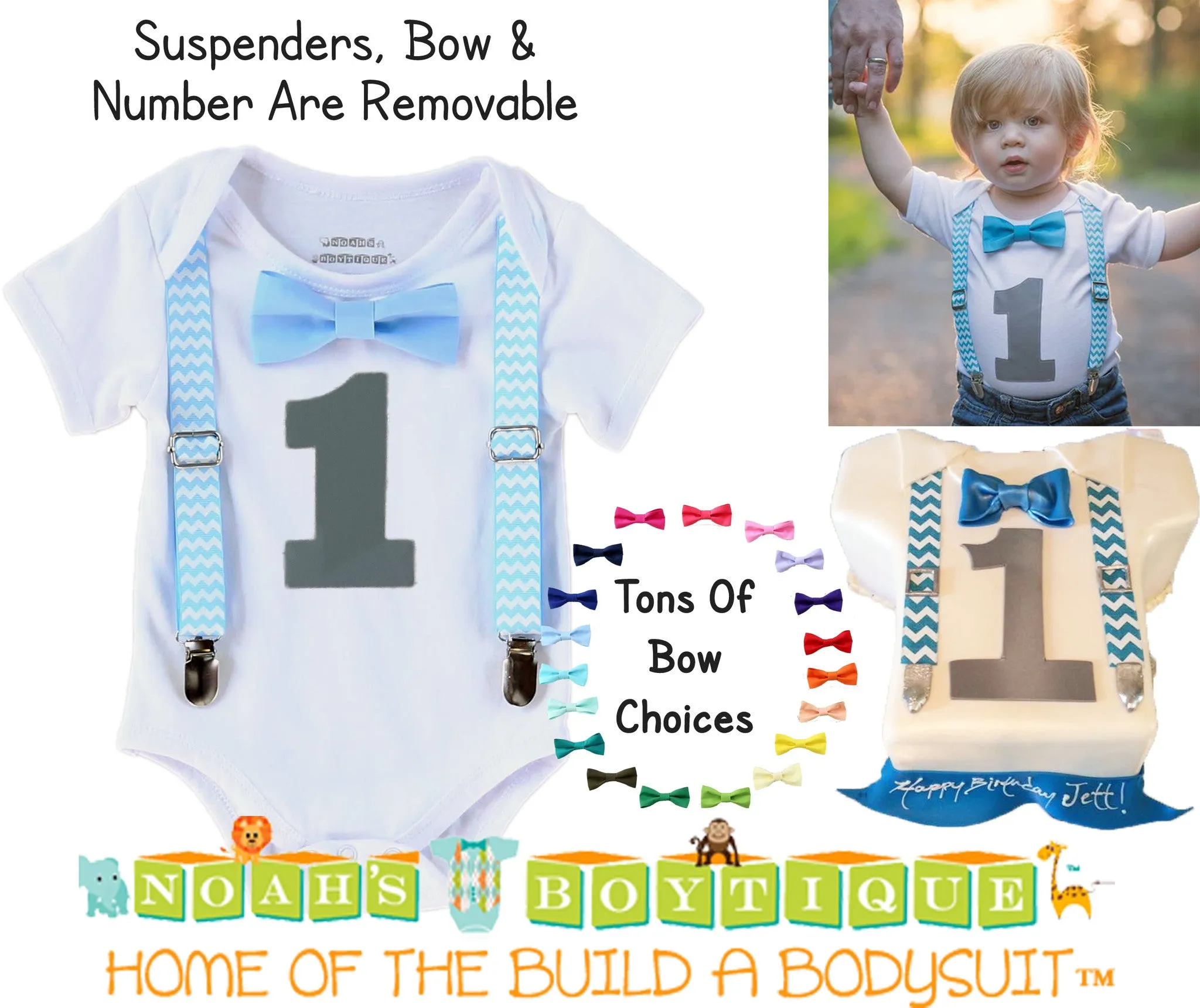 Blue Chevron Noah's Boytique Bodysuit Suspenders Newborn Toddler Boy