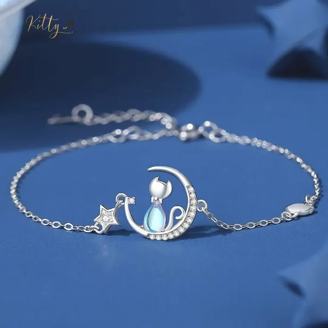 Blue Crystal Moon Kitty Bracelet in Solid 925 Sterling Silver (Adjustable Length)