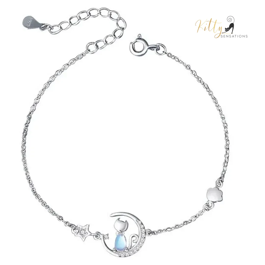 Blue Crystal Moon Kitty Bracelet in Solid 925 Sterling Silver (Adjustable Length)