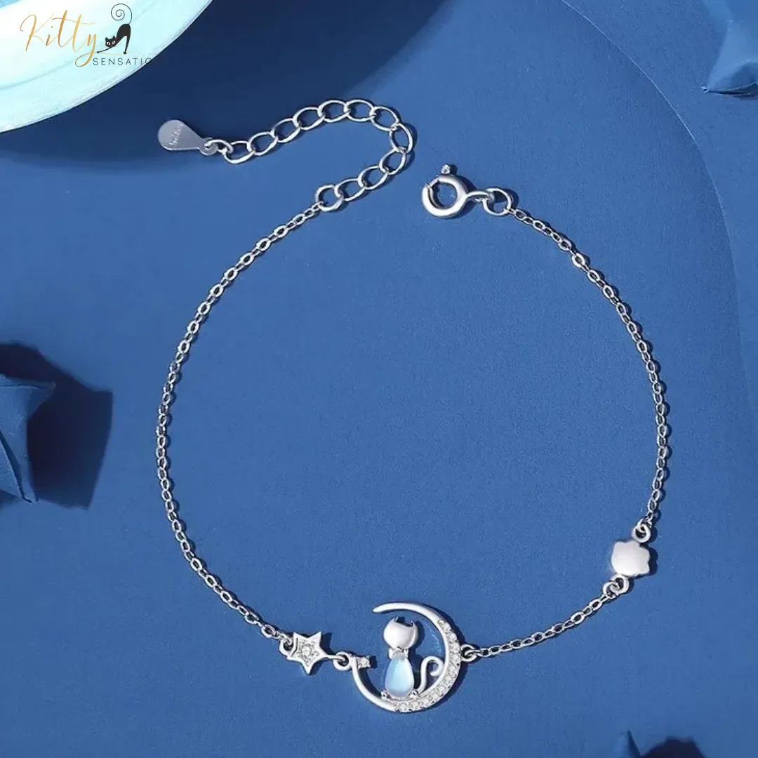 Blue Crystal Moon Kitty Bracelet in Solid 925 Sterling Silver (Adjustable Length)