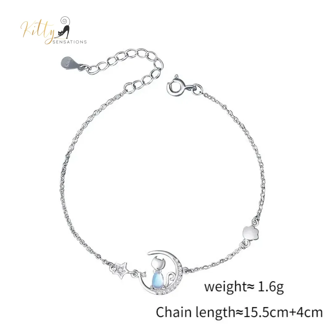 Blue Crystal Moon Kitty Bracelet in Solid 925 Sterling Silver (Adjustable Length)