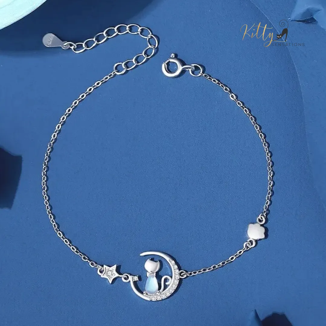 Blue Crystal Moon Kitty Bracelet in Solid 925 Sterling Silver (Adjustable Length)