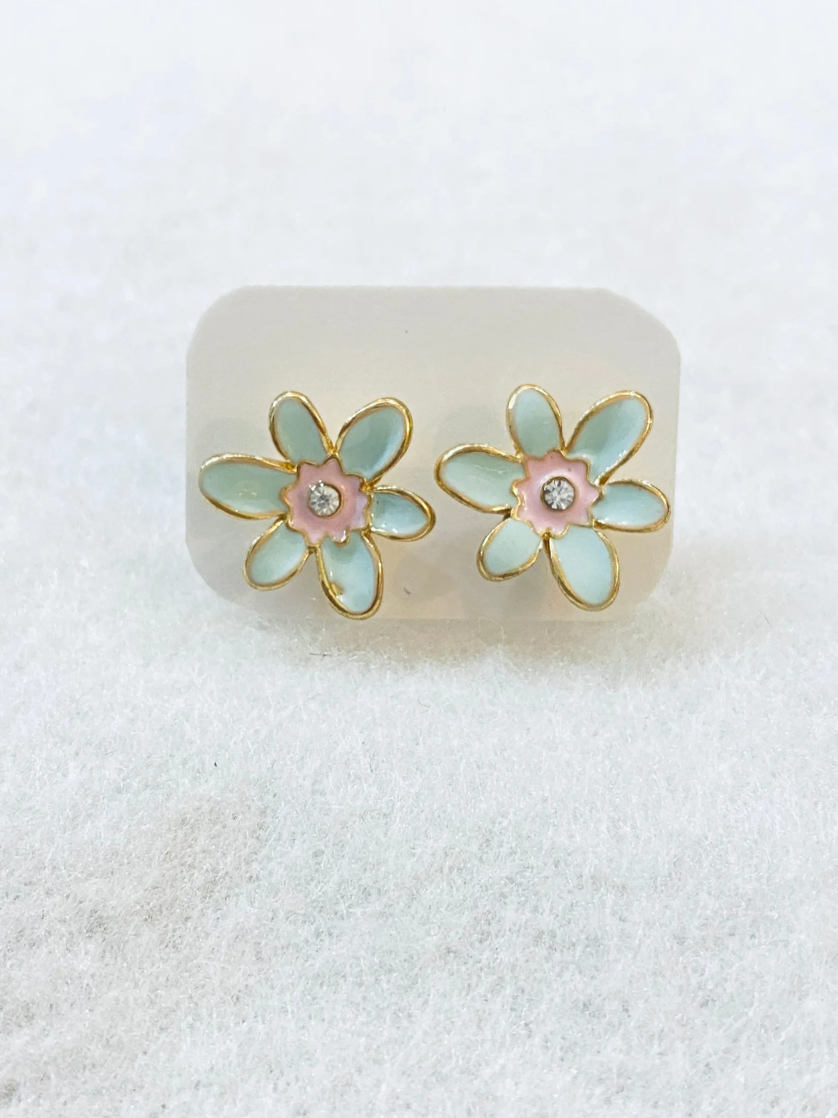 Blue Flower With Crystal Accent Stud Earrings