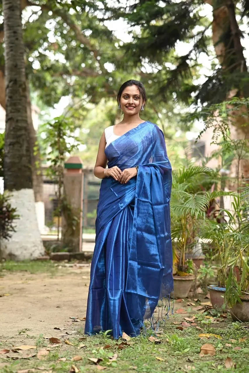 Blue Tissue Silk Saree With Blouse