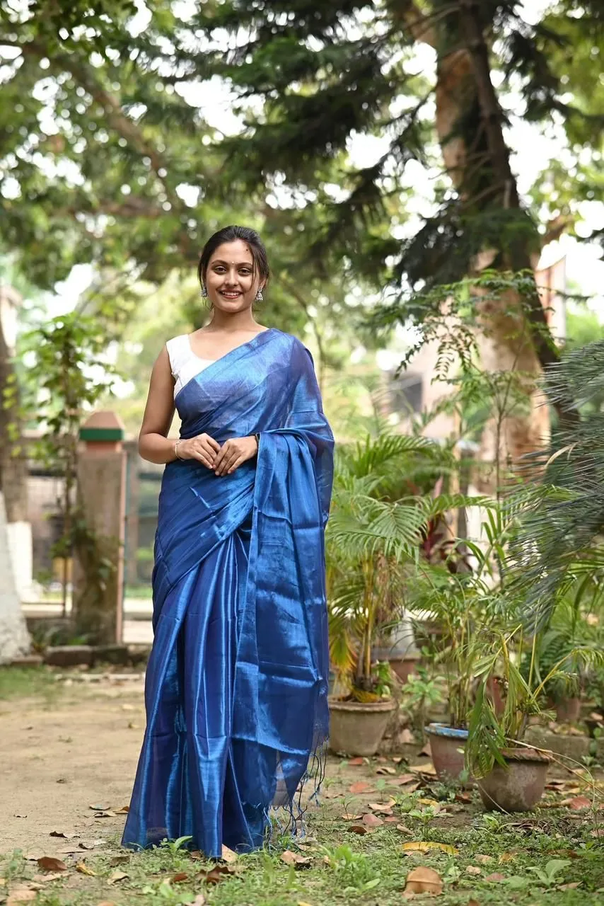 Blue Tissue Silk Saree With Blouse