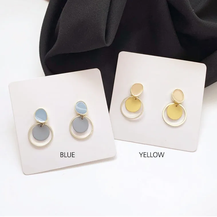 Blue Yellow Glossy Gold Rounded Earrings Gifts Korean Jewelry Womens Accessories Luxury Fashion Dating Party Clubber Elegant Wedding Lovely Accessory