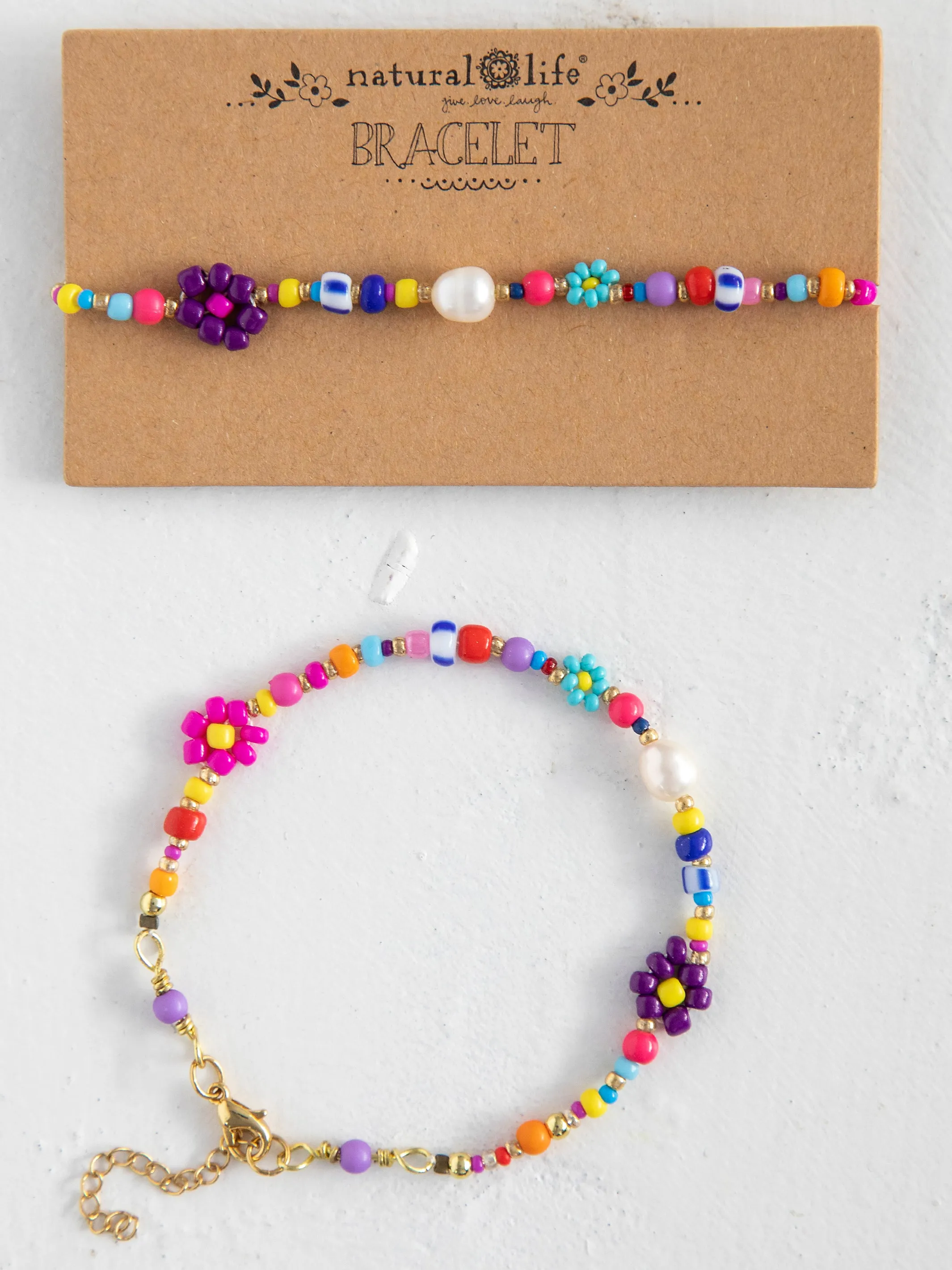 Boho Beaded Daisy & Pearl Bracelet