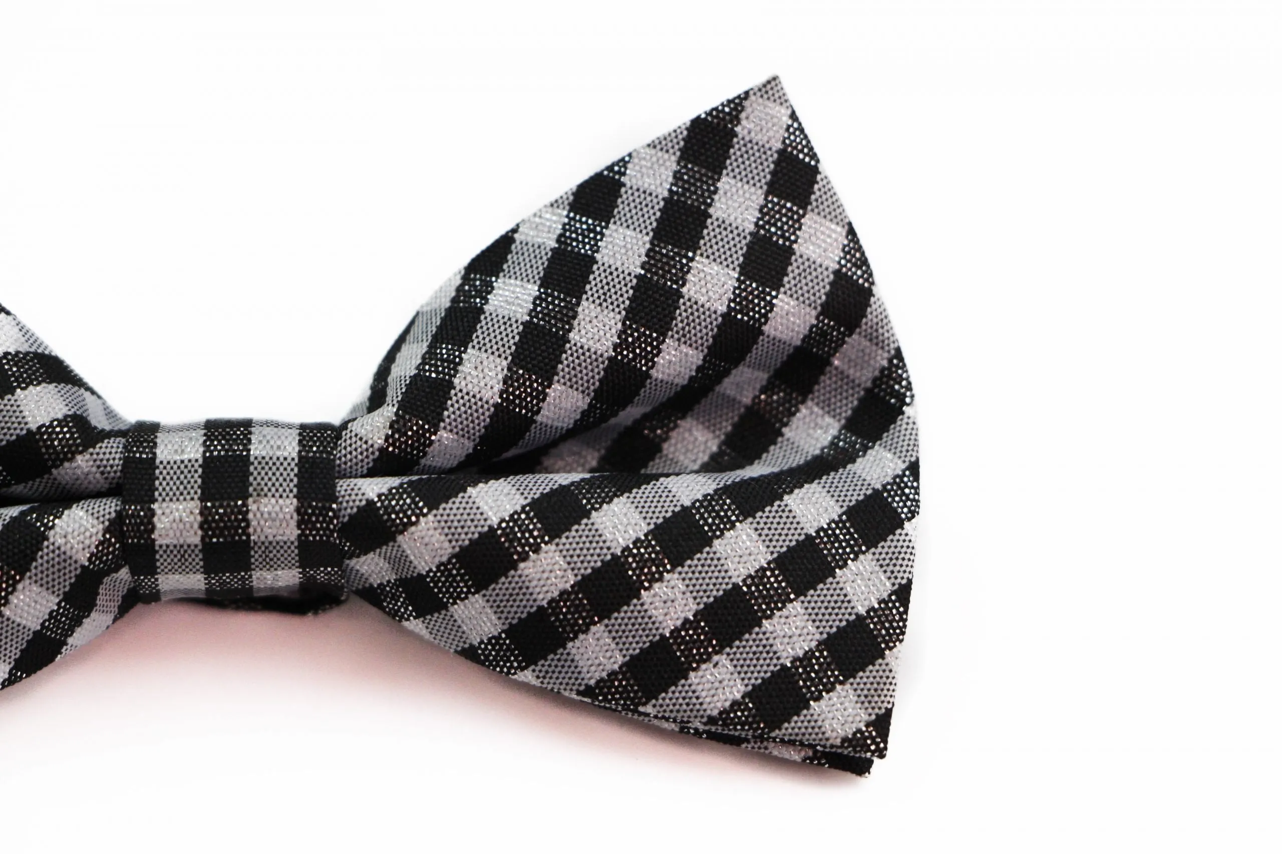 Boys Ivory, Black & Silver Tinsel Checkered  Patterned Cotton Bow Tie