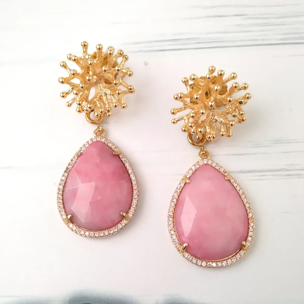 Branch Coral Stud with Haloed Pink Jade Earrings