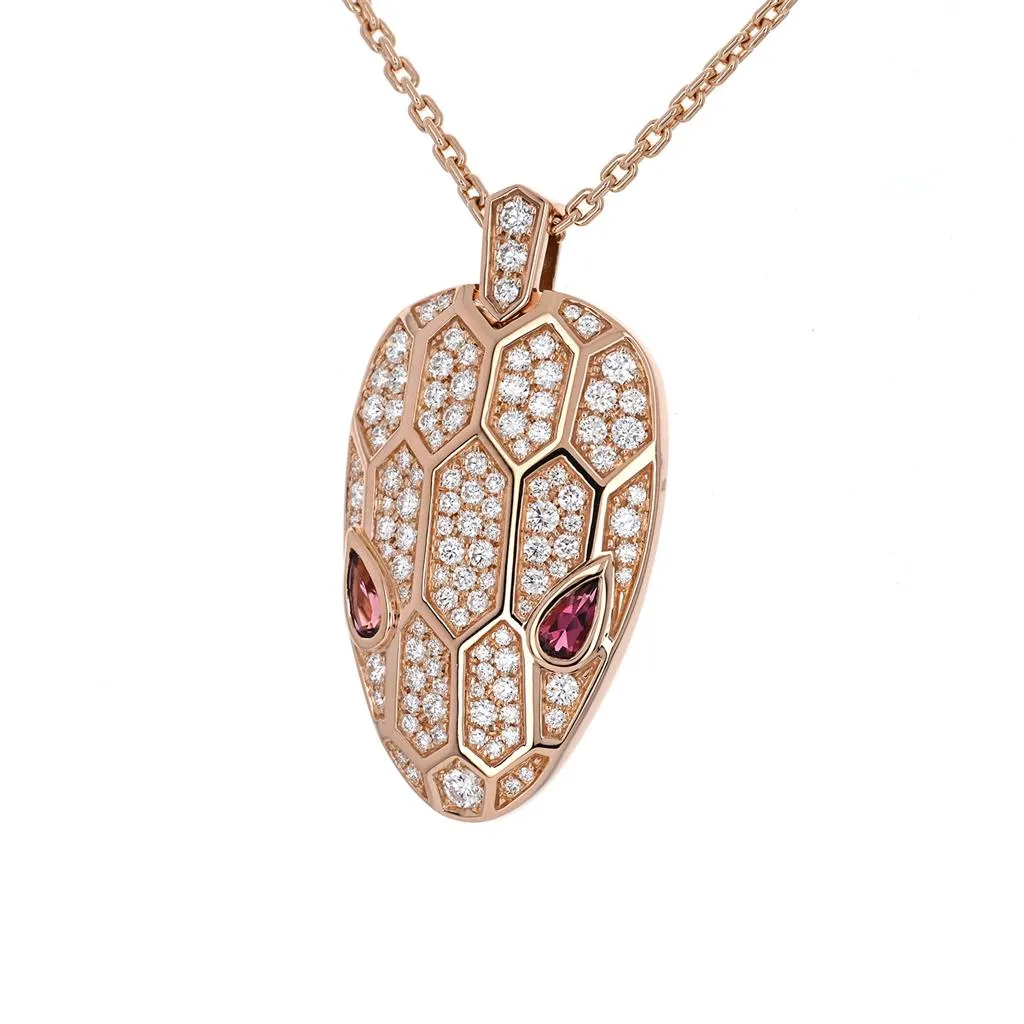 Exquisite Bulgari Serpenti Necklace with Stunning Rubellite Eyes in Elegant Rose Gold