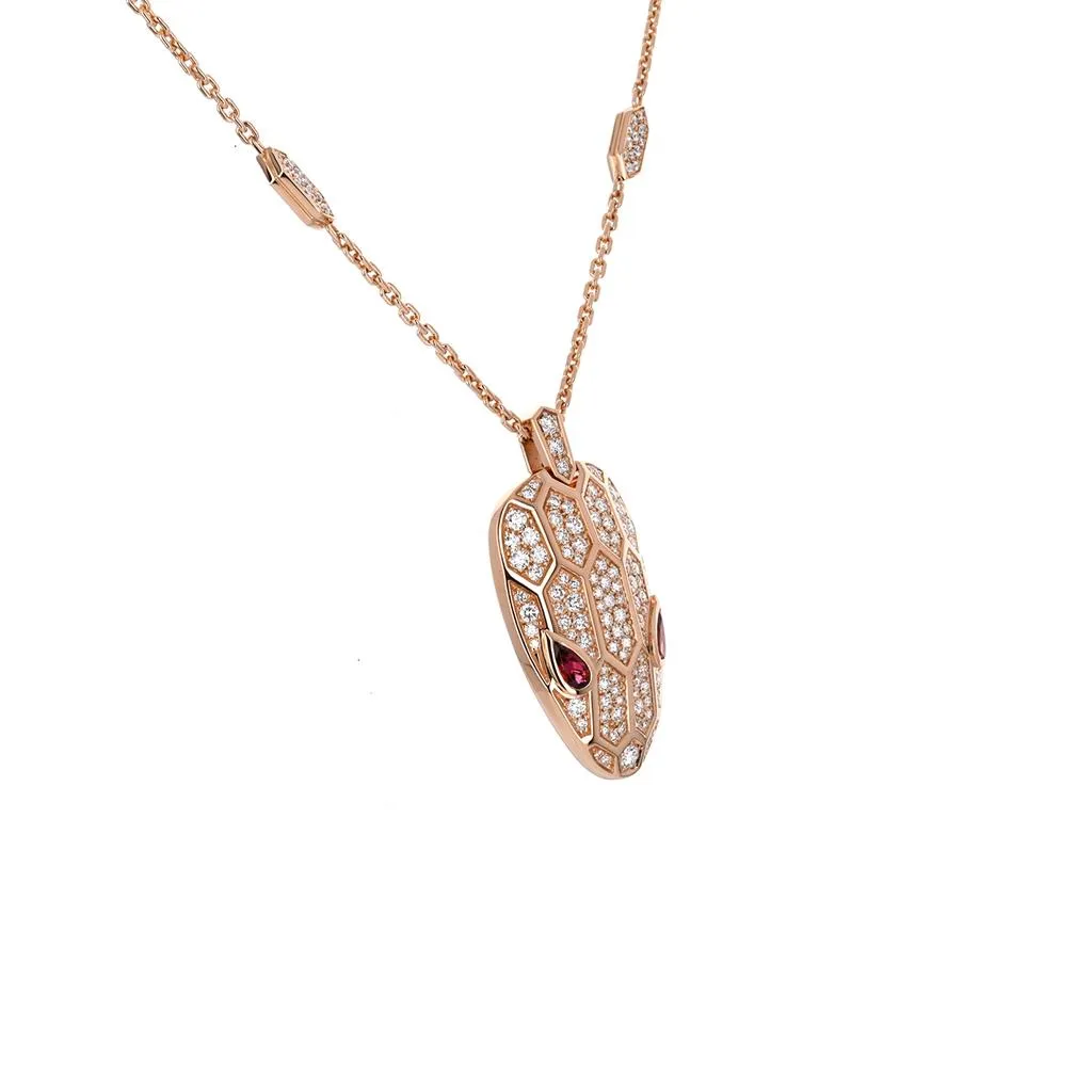 Exquisite Bulgari Serpenti Necklace with Stunning Rubellite Eyes in Elegant Rose Gold