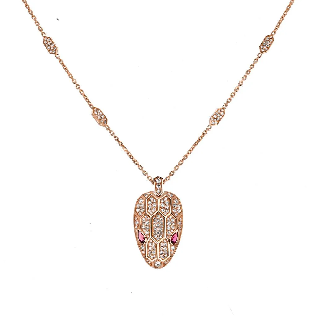 Exquisite Bulgari Serpenti Necklace with Stunning Rubellite Eyes in Elegant Rose Gold