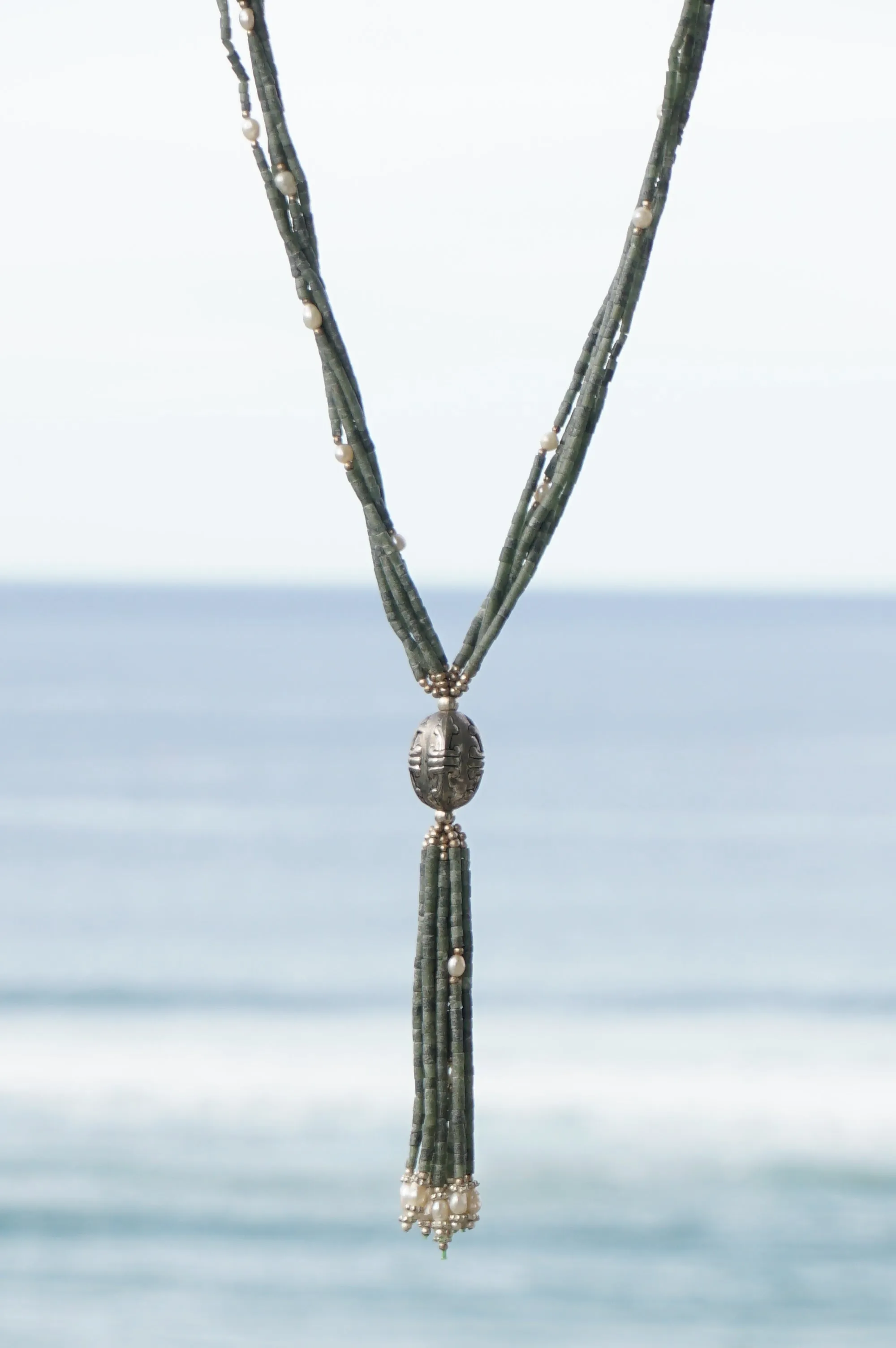 Burmese Jade and Freshwater Pearl Tassel Necklace