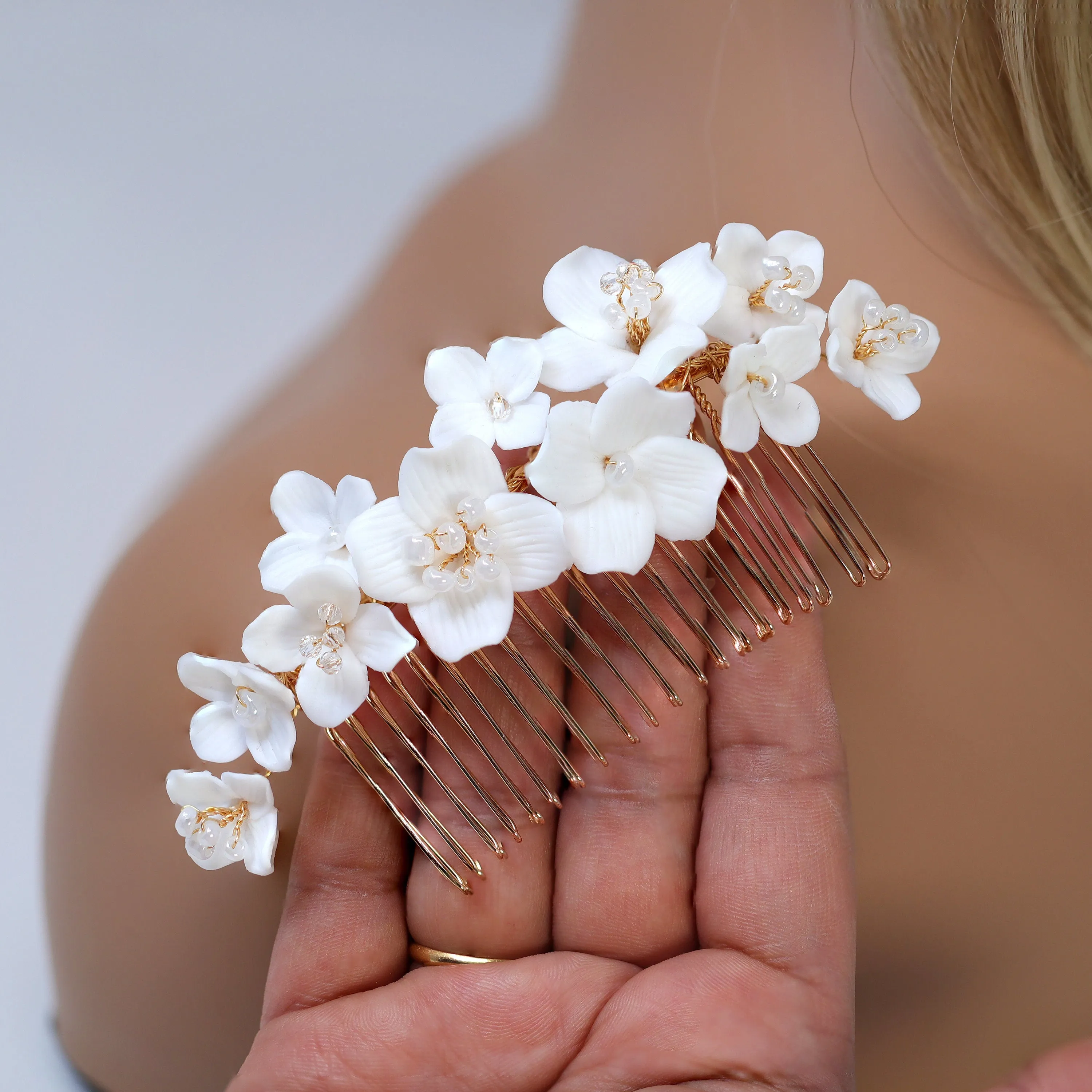 Ceramic White Flowers Pearl Hair comb,  Bridal Gold Finish Hair Piece, Bridal Hair Accessories, Wedding Hair Accessory.