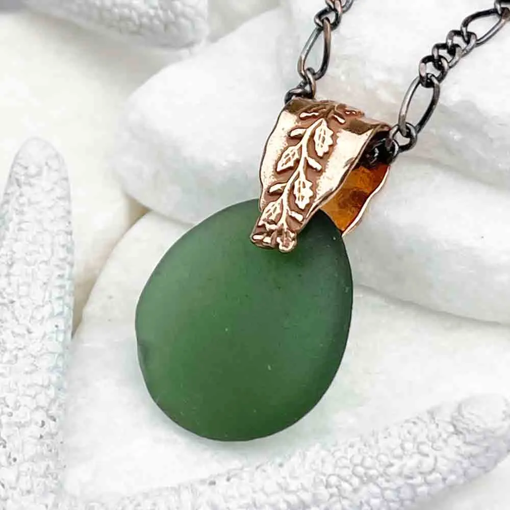 Champagne Green Sea Glass Orb Pendant with Copper Vine Bail | #5120