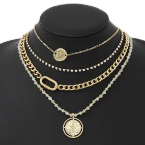 Coin Pendant Glass Beaded Layered Chain Necklace