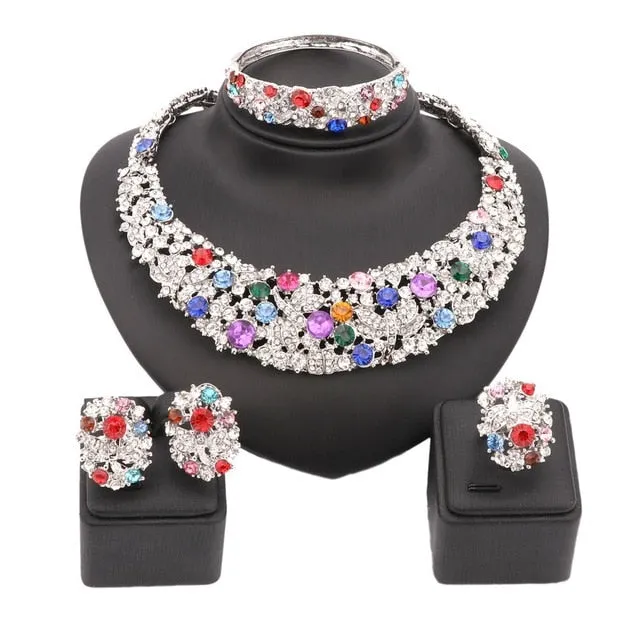 Colorful Rhinestone Necklace, Bracelet, Earrings & Ring Wedding Jewelry Set