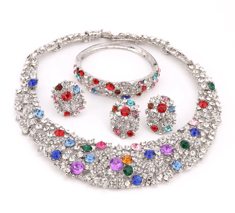 Colorful Rhinestone Necklace, Bracelet, Earrings & Ring Wedding Jewelry Set