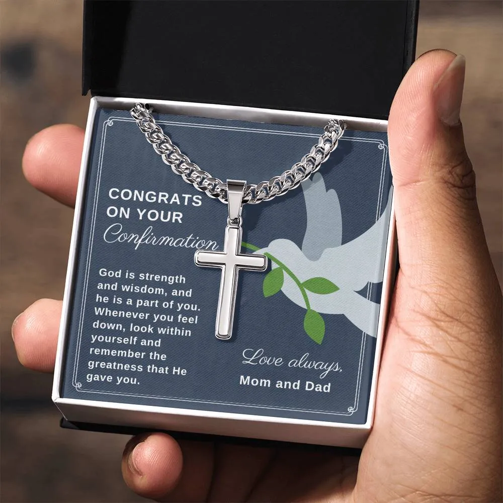 Confirmation Gift to Son from Mom and Dad, God is Strength and Wisdom Stainless Steel Men Cross Necklace on Cuban Chain