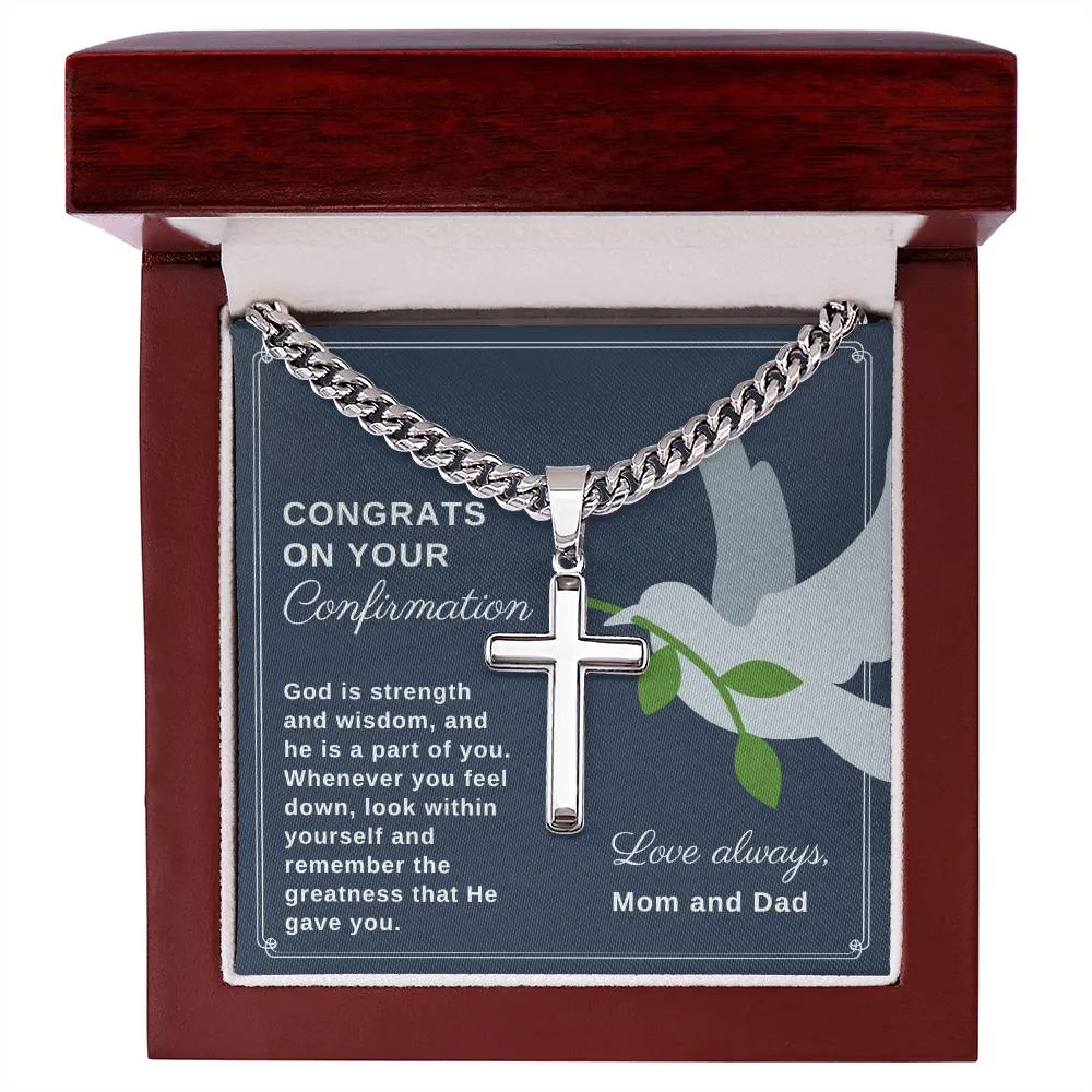 Confirmation Gift to Son from Mom and Dad, God is Strength and Wisdom Stainless Steel Men Cross Necklace on Cuban Chain