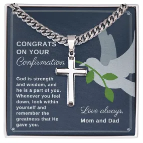 Confirmation Gift to Son from Mom and Dad, God is Strength and Wisdom Stainless Steel Men Cross Necklace on Cuban Chain