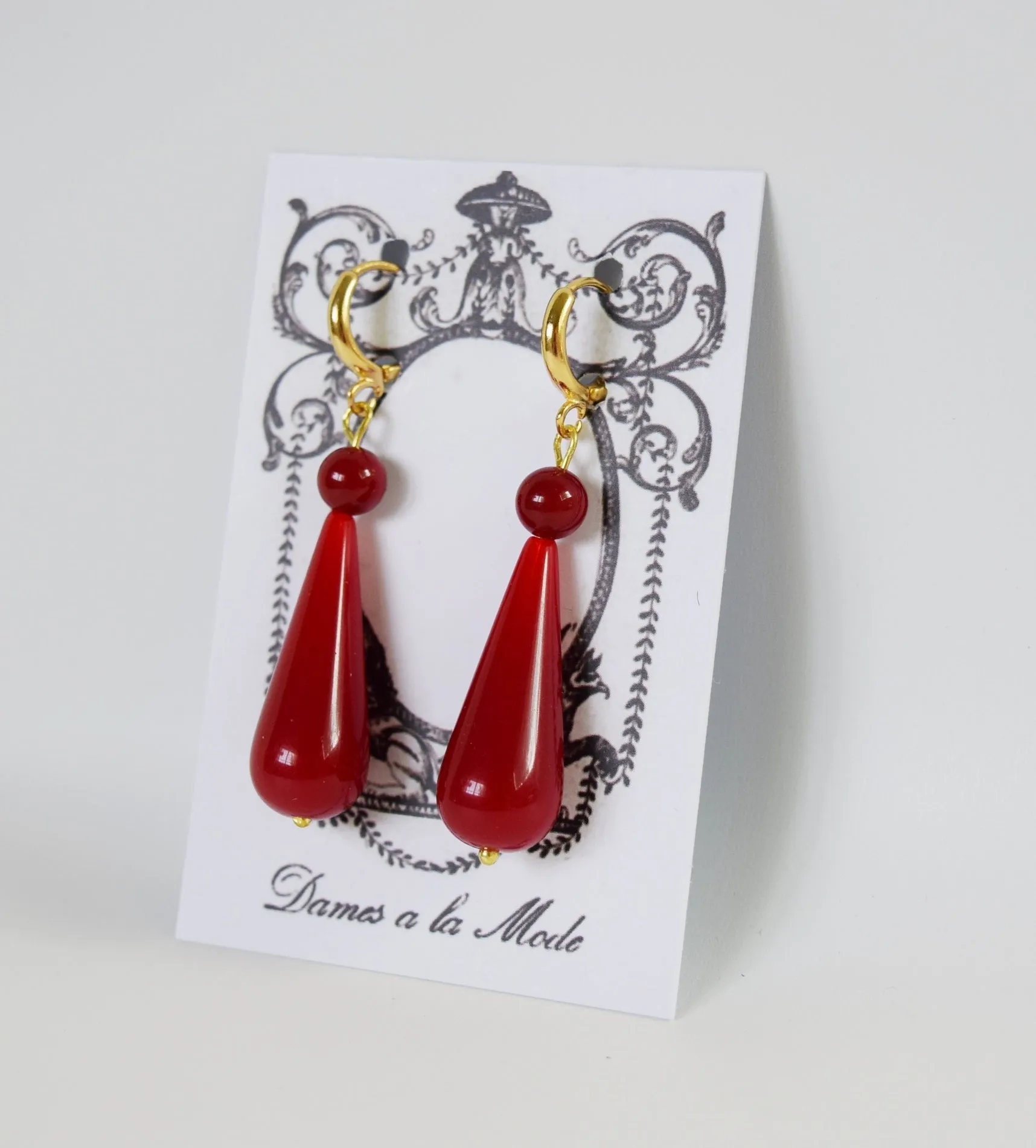 Elegant Coral Red Teardrop Earrings with Dual-Stone Design
