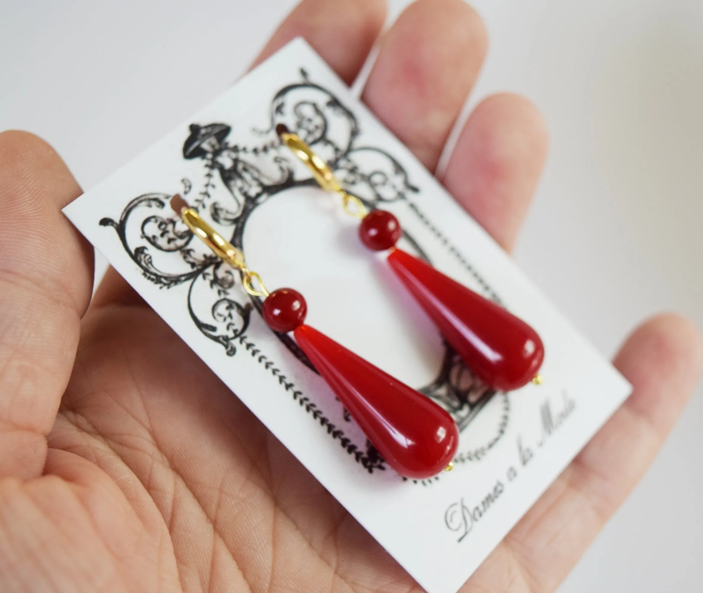 Elegant Coral Red Teardrop Earrings with Dual-Stone Design
