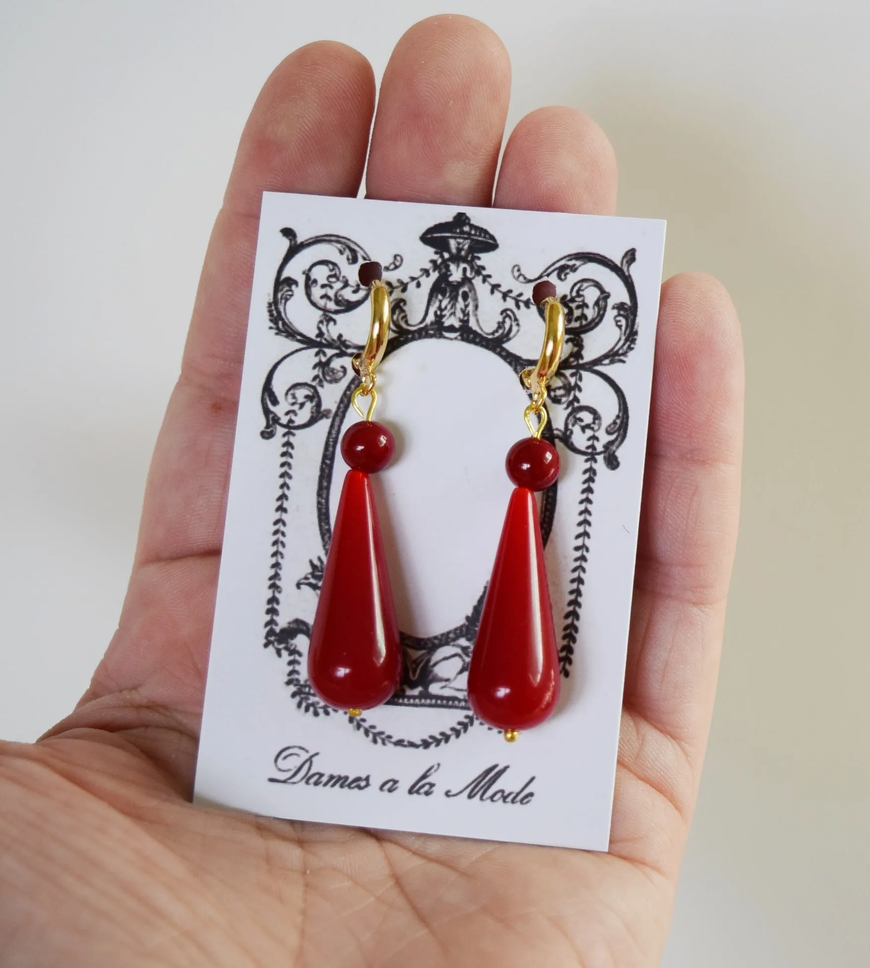 Elegant Coral Red Teardrop Earrings with Dual-Stone Design
