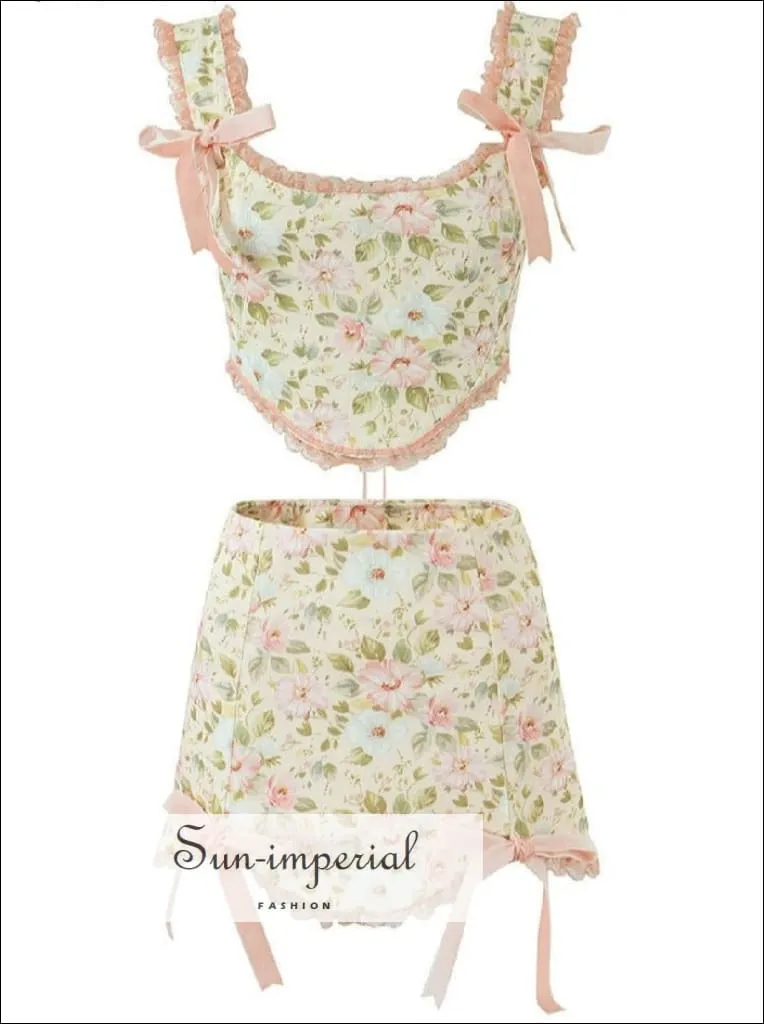 Creamy Floral Print Asymmetric Mini Skirt Tow Piece Skirt Set With Bow Tie And Lace Detail