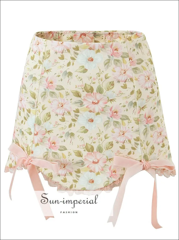 Creamy Floral Print Asymmetric Mini Skirt Tow Piece Skirt Set With Bow Tie And Lace Detail