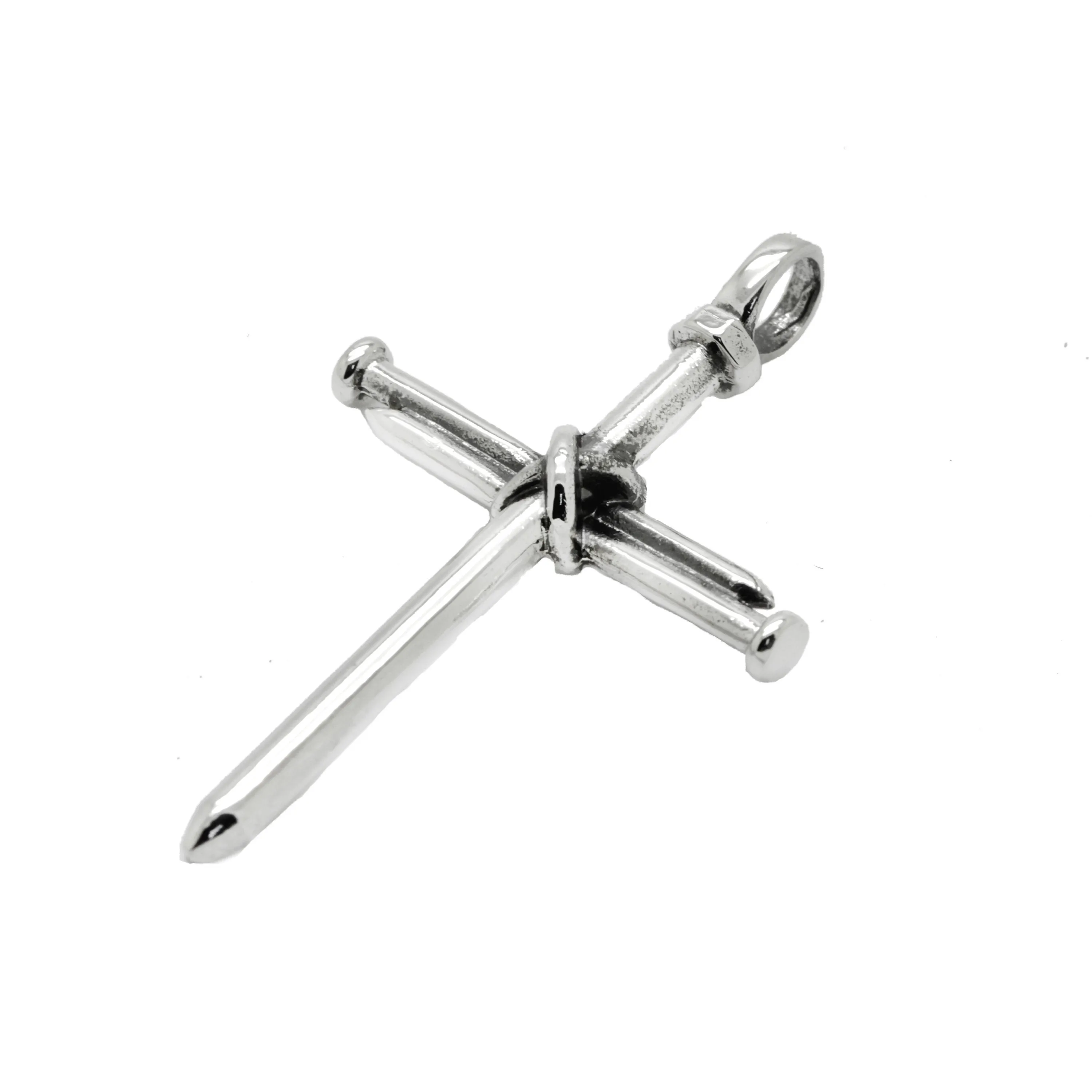 Crossed Nails Christian Pendant Sterling Silver, Mens Pendant Cross