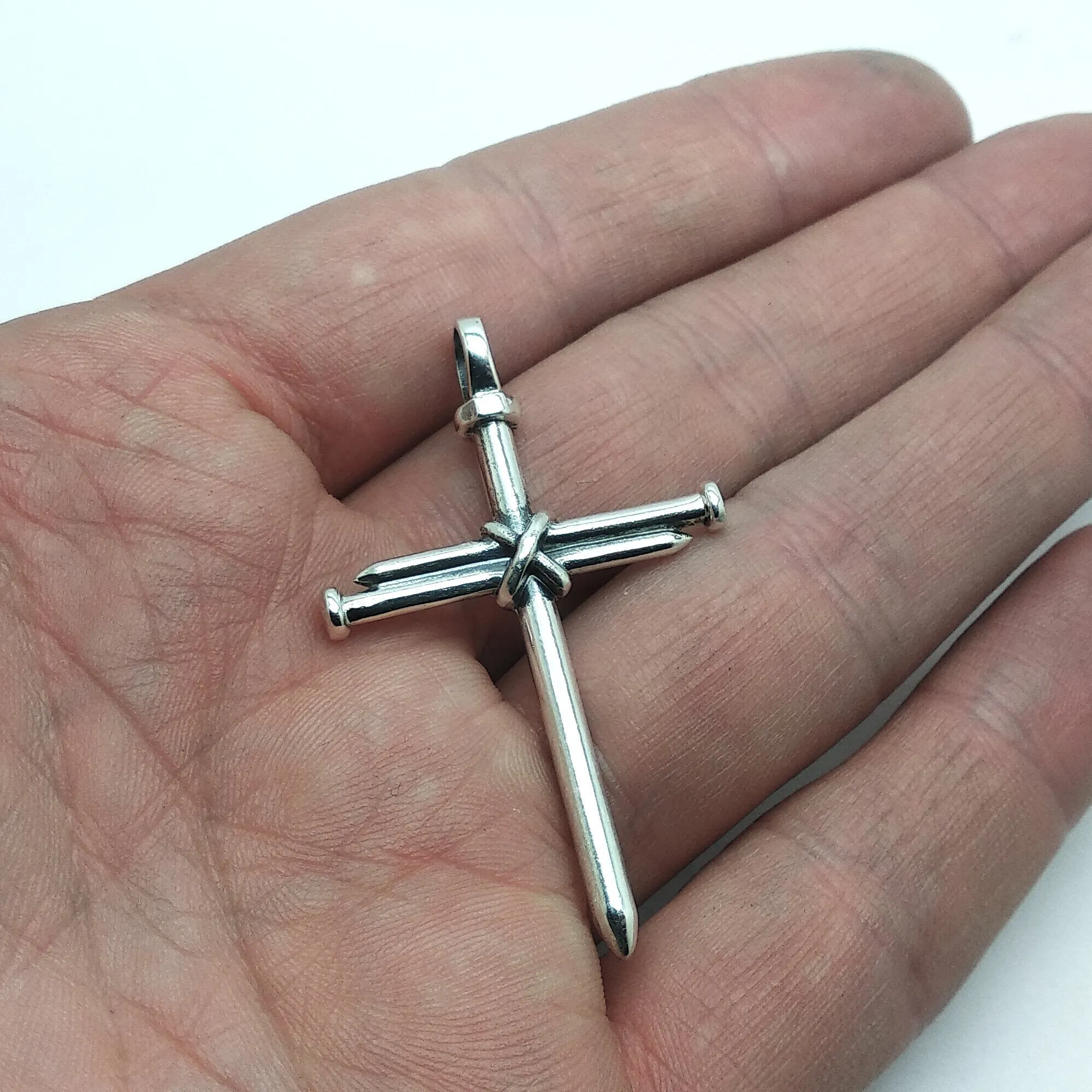 Crossed Nails Christian Pendant Sterling Silver, Mens Pendant Cross