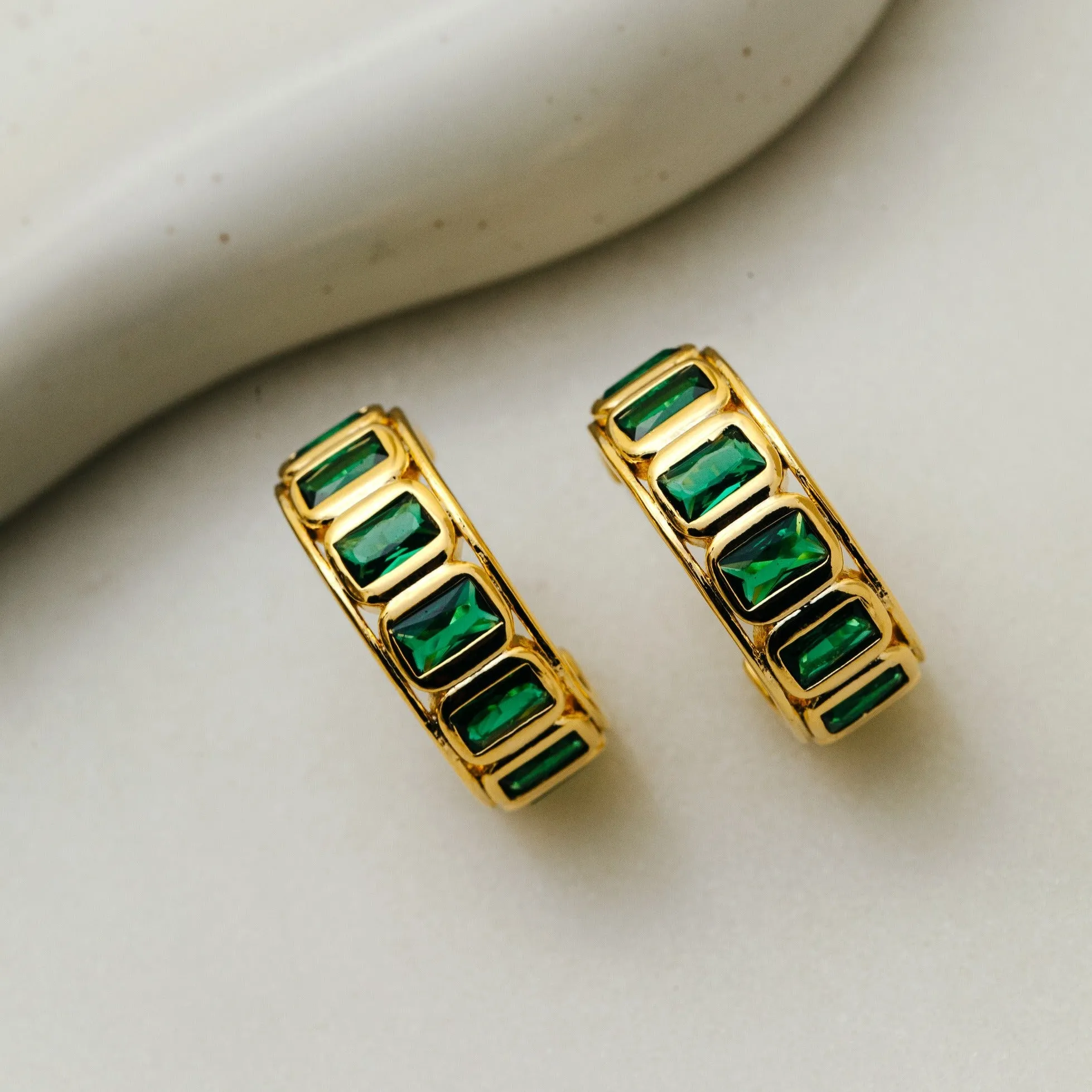 Crystal Baguette Mid-Sized Hoop Earrings - Emerald