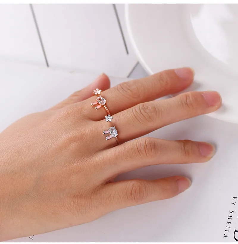 Cute White Diamond Bunny Rings