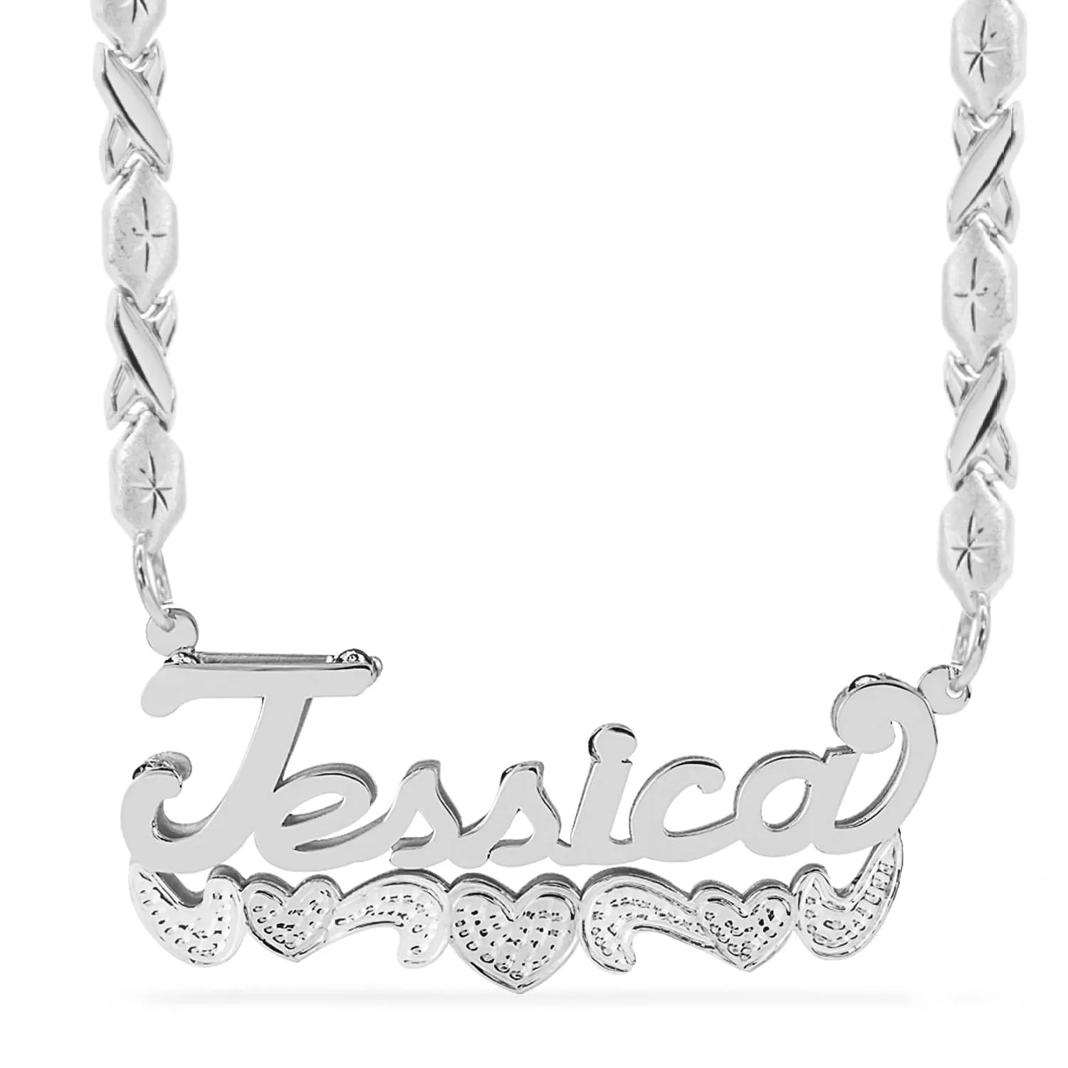 Double Name Necklace w/Beading-Rhodium with Xoxo chain