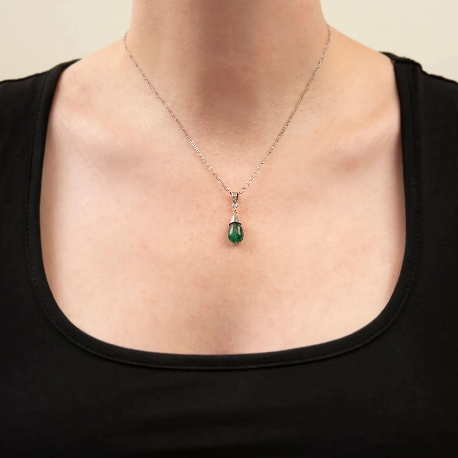 Estate 14k Emerald Cabochon Pendant Necklace