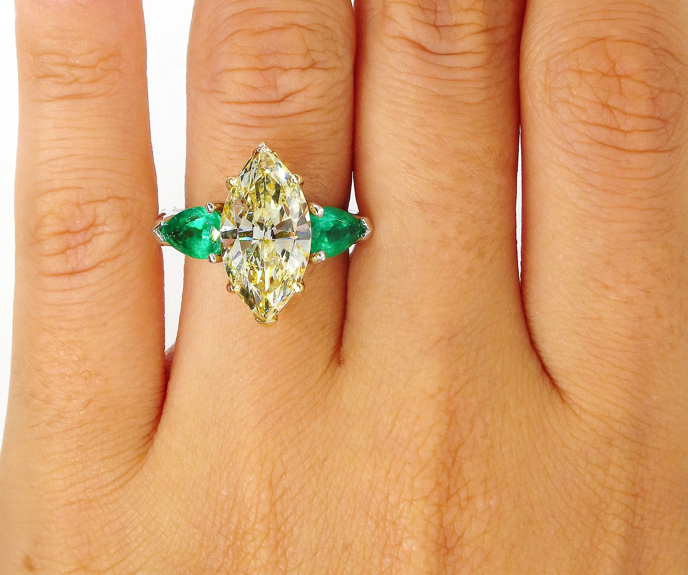 Estate “Canary” 4.86ctw Natural Fancy YELLOW Marquise Diamond & Green Emerald Ring