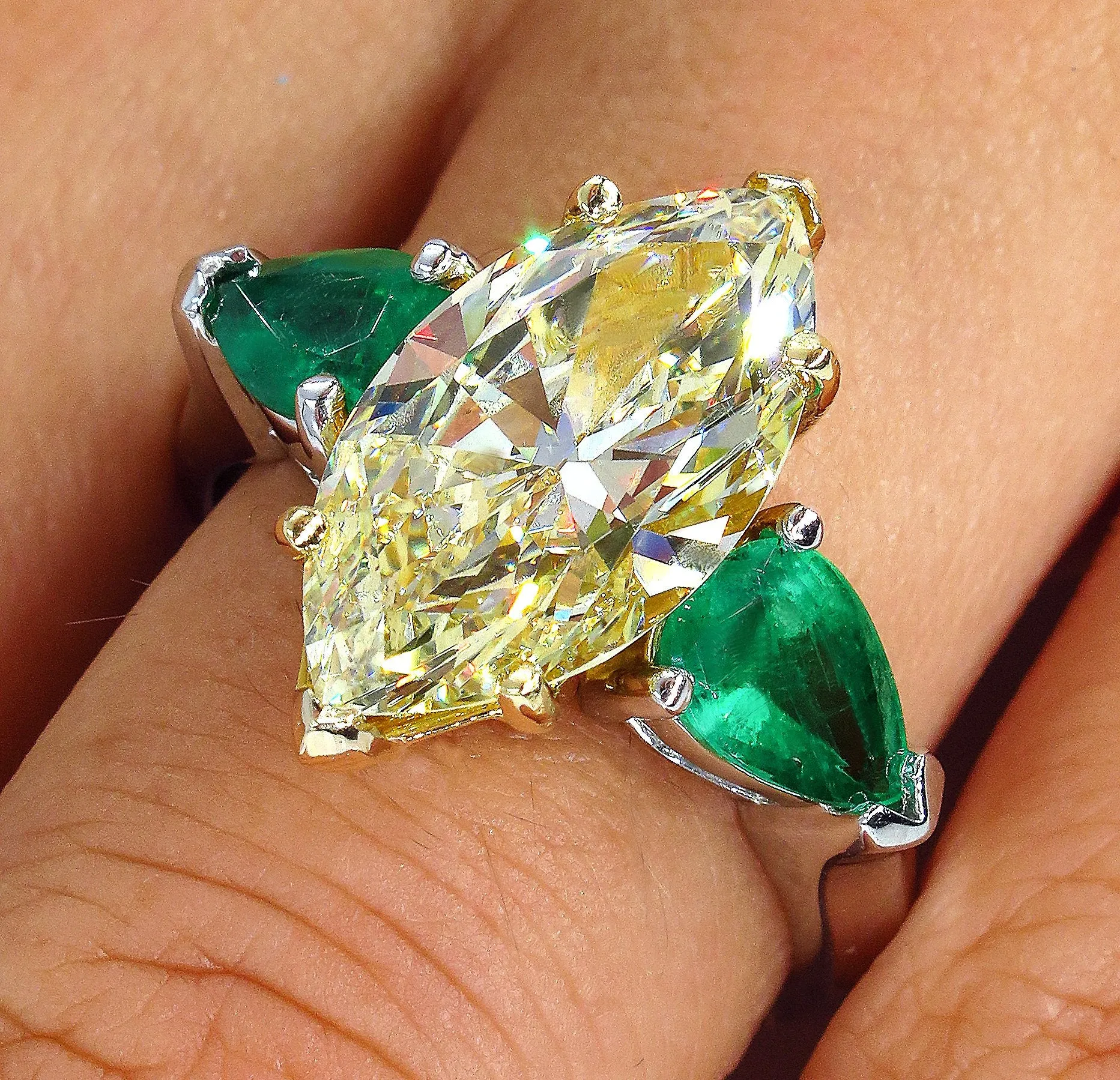 Estate “Canary” 4.86ctw Natural Fancy YELLOW Marquise Diamond & Green Emerald Ring