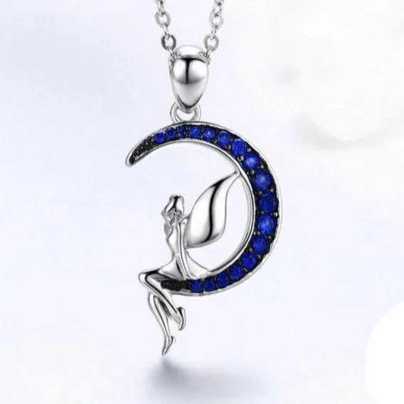 Fairy in Blue Moon Cubic Zirconia 925 Sterling Silver Fashion Pendant Necklace